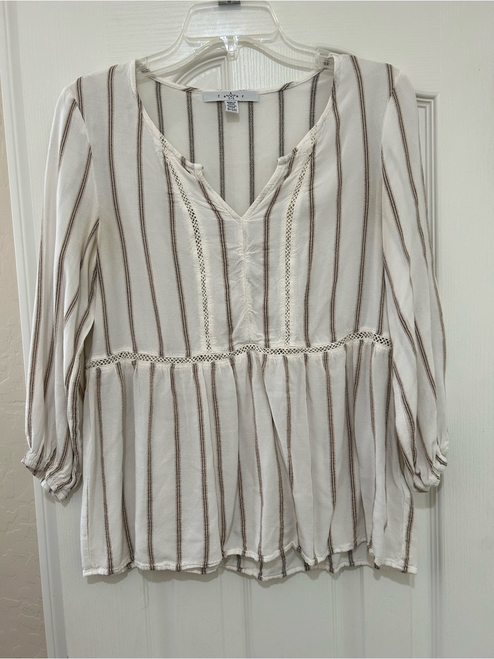Fever Women’s Cream & Brown Striped Peplum Blouse With 3/4 Elastic Hem Sleeves